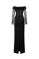 Black NAMLA lace and silk satin gown by 21Six, featuring intricate lace details and smooth satin fabric.