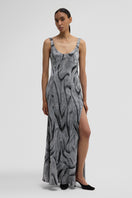 Black and silver maxi dress by Maccapani featuring a stylish, elegant design with a fitted bodice and flowing skirt.