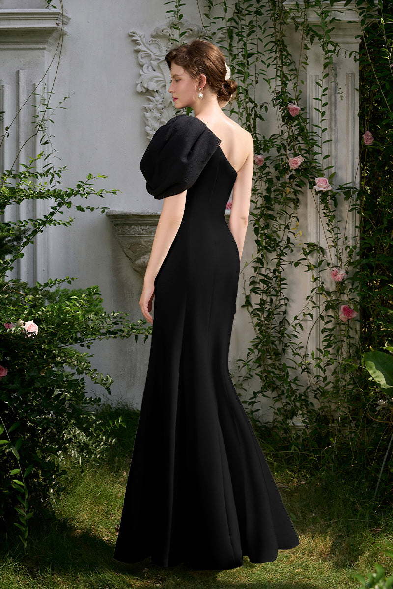 BLACK MERMAID EVENING GOWN WITH ONE SHOULDER AND DRAPED DETAIL - CULT MIA