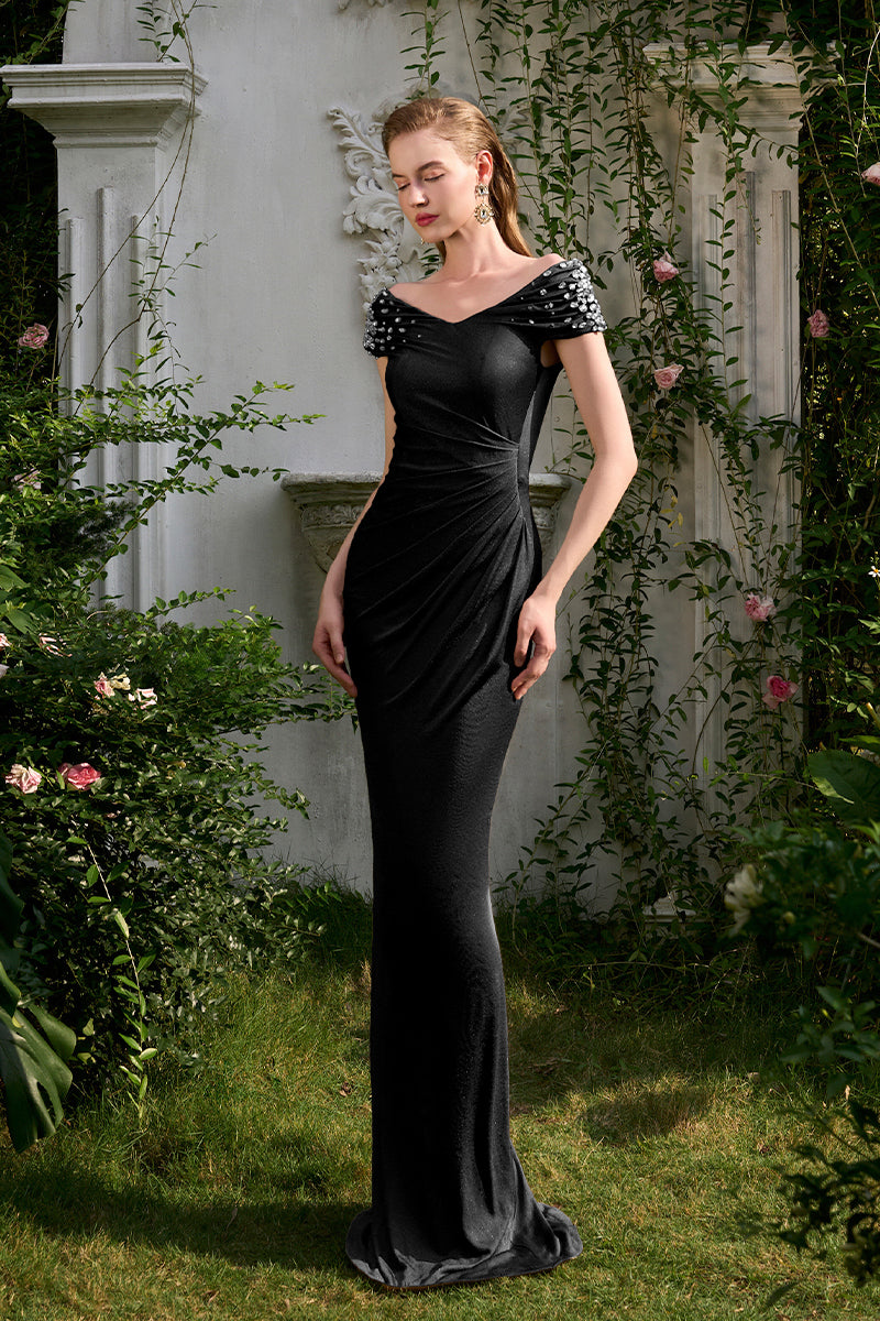 BLACK COLUMN EVENING GOWN WITH DRAPED DETAILS - CULT MIA