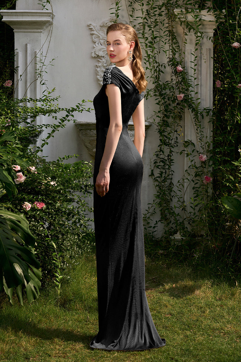 BLACK COLUMN EVENING GOWN WITH DRAPED DETAILS - CULT MIA
