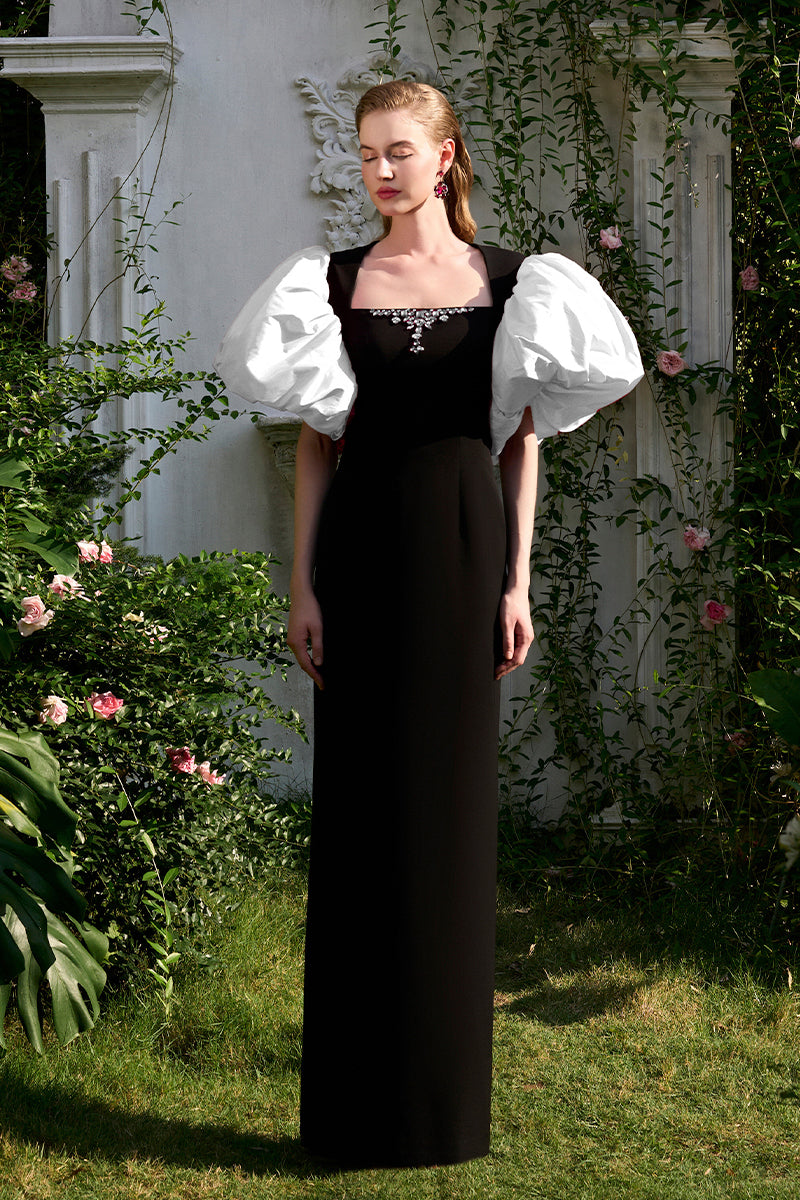 COLUMN EVENING GOWN WITH TRAPEZE NECKLINE AND DRAPED SHORT SLEEVES - CULT MIA