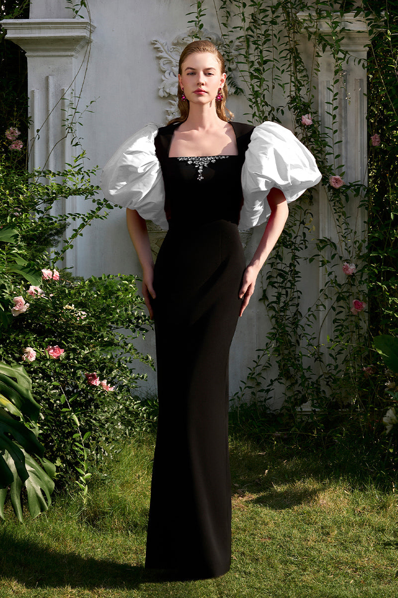 COLUMN EVENING GOWN WITH TRAPEZE NECKLINE AND DRAPED SHORT SLEEVES - CULT MIA
