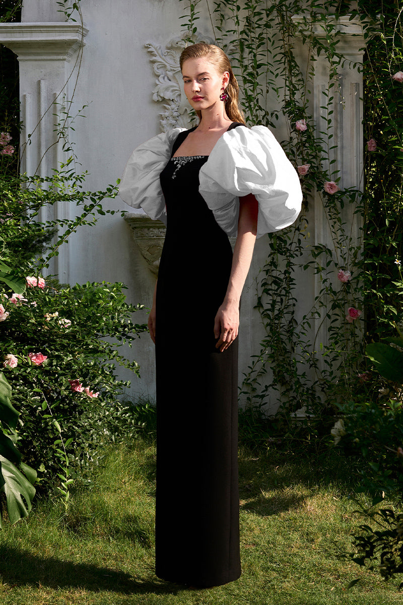 COLUMN EVENING GOWN WITH TRAPEZE NECKLINE AND DRAPED SHORT SLEEVES - CULT MIA