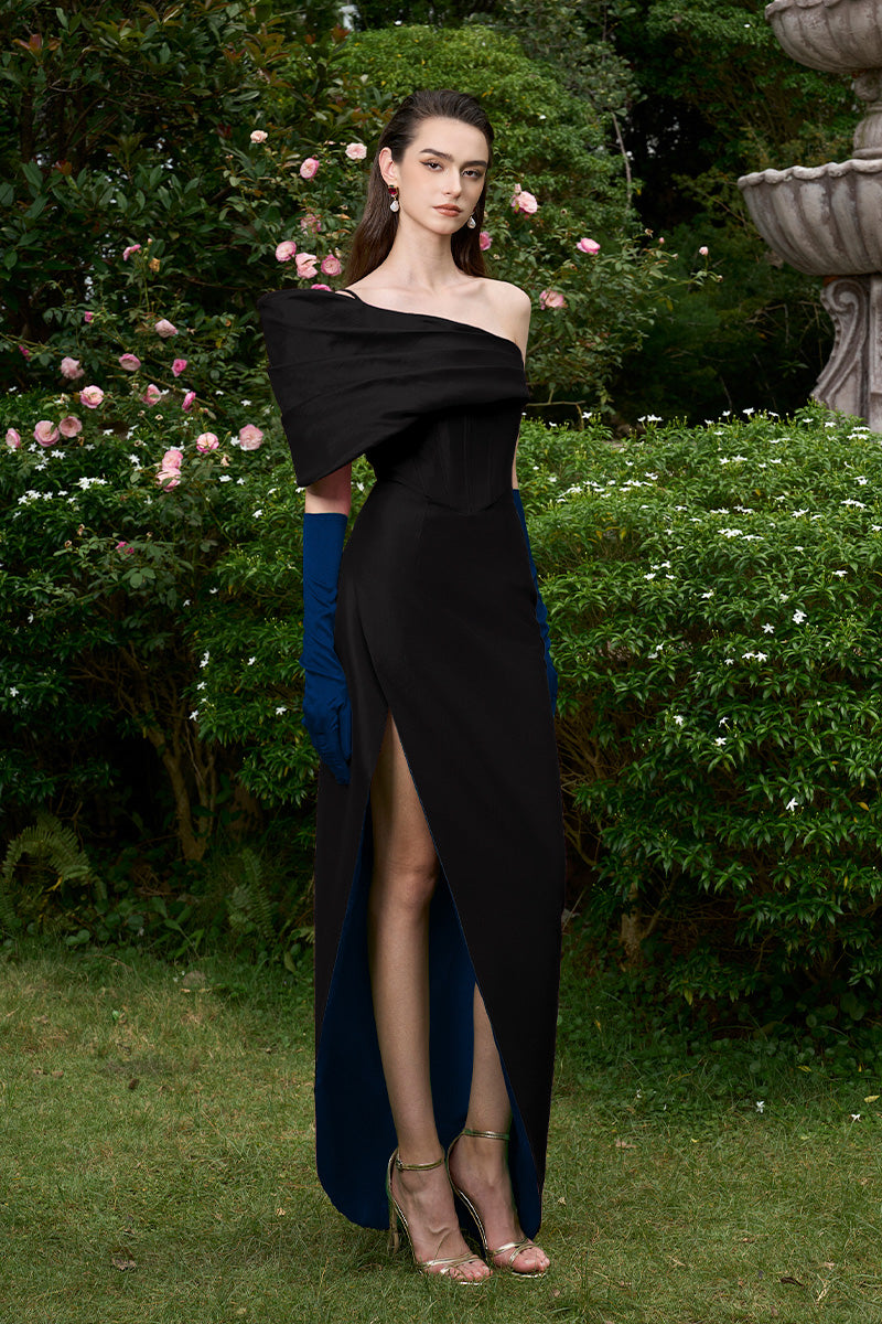 BLACK MERMAID GOWN WITH DRAPED DETAIL AND MULLET WRAP BOTTOM - CULT MIA