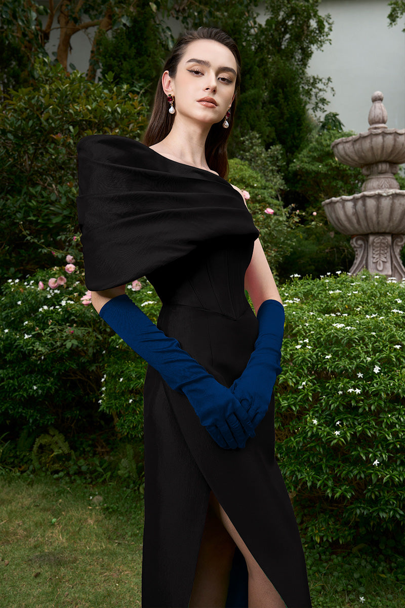 BLACK MERMAID GOWN WITH DRAPED DETAIL AND MULLET WRAP BOTTOM - CULT MIA