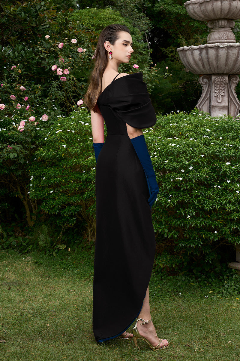 BLACK MERMAID GOWN WITH DRAPED DETAIL AND MULLET WRAP BOTTOM - CULT MIA