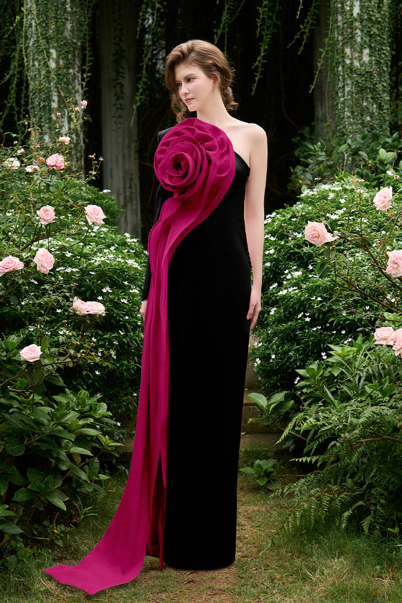 COLUMN GOWN WITH DRAPED ROSE ON SIDE CHEST - CULT MIA