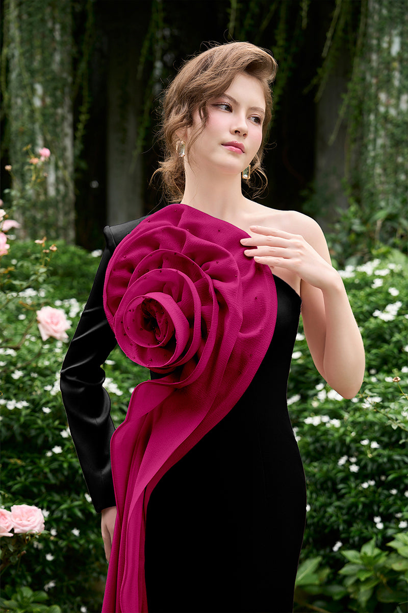 COLUMN GOWN WITH DRAPED ROSE ON SIDE CHEST - CULT MIA