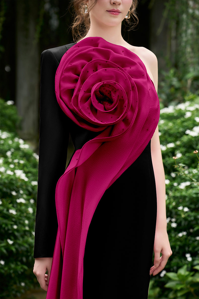 COLUMN GOWN WITH DRAPED ROSE ON SIDE CHEST - CULT MIA