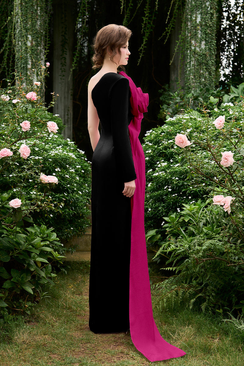 COLUMN GOWN WITH DRAPED ROSE ON SIDE CHEST - CULT MIA