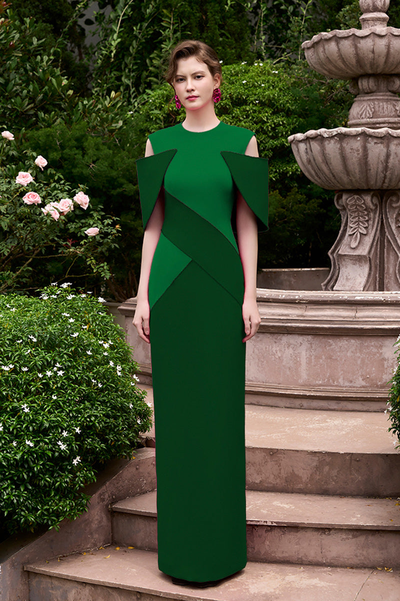 GREEN COLUMN GOWN WITH COLOR PATCHED AND OFF-SHOULDER PADS - CULT MIA