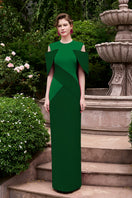Green column gown by I.H.F with color patches and off-shoulder pads, featuring a sleek, elegant silhouette.