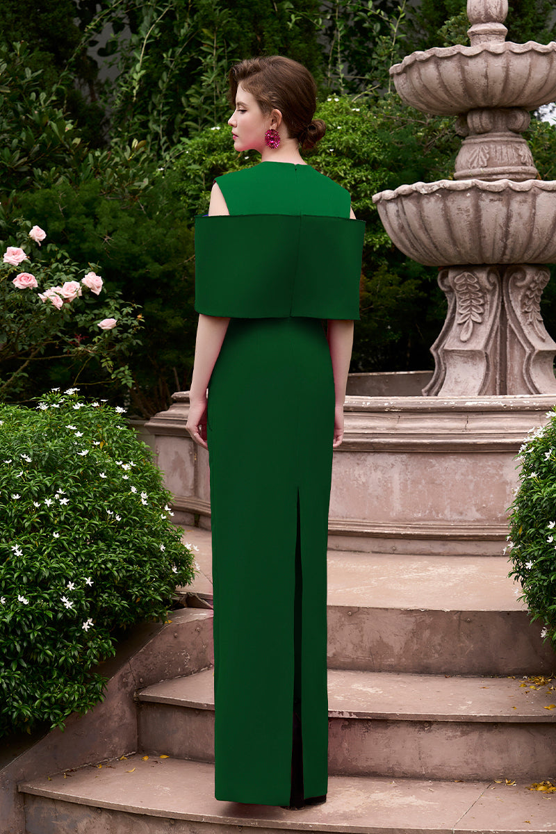 GREEN COLUMN GOWN WITH COLOR PATCHED AND OFF-SHOULDER PADS - CULT MIA