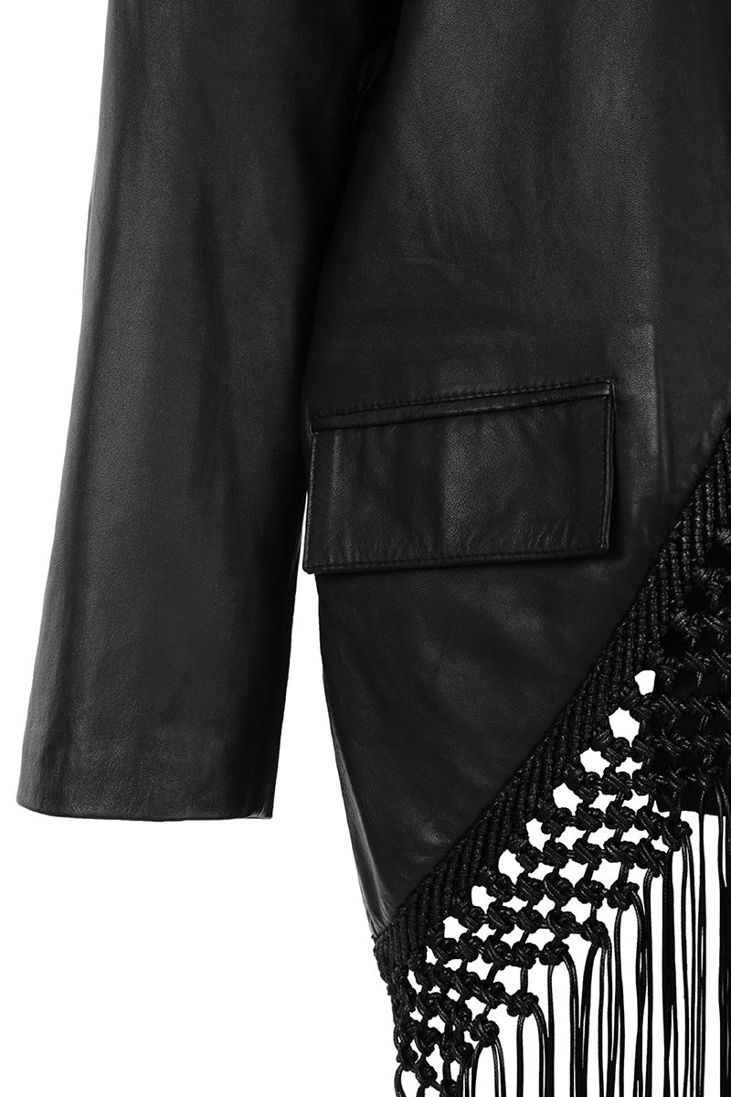 Black leather macramé blazer by MAZ Manuela Álvarez featuring intricate macramé details and structured blazer design.