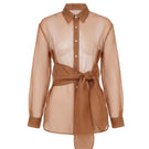 Mastani Mahaa Organza Shirt in sepia with ghostly pattern, lightweight fabric, stylish design, perfect for elegant occasions