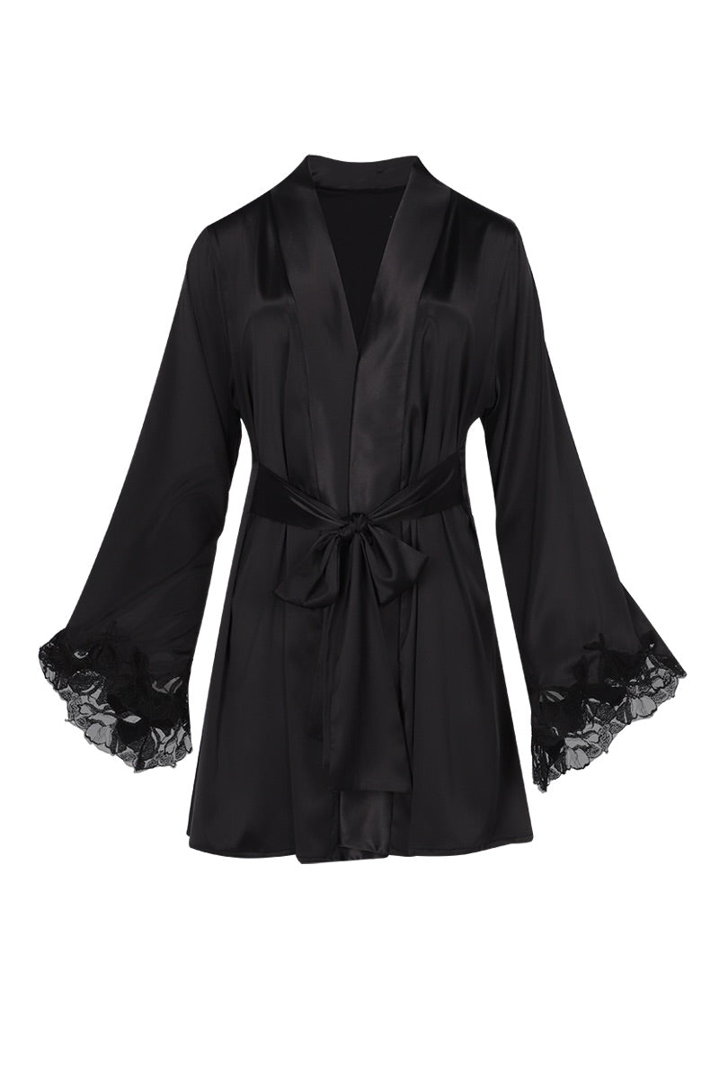 Black Maicha robe by Entos, showcasing a cozy, stylish robe with a relaxed fit and soft fabric, perfect for comfortable loungewear.