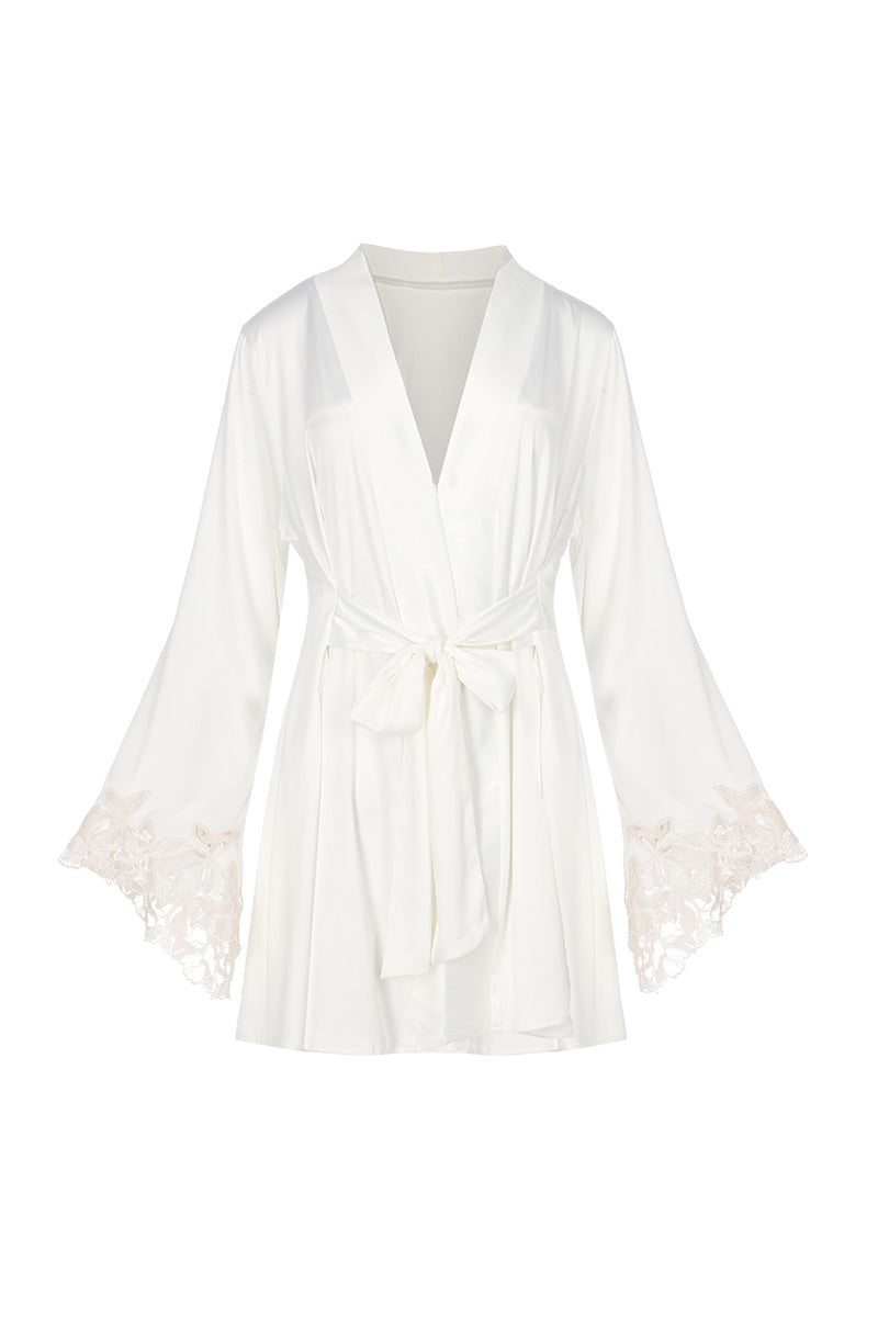 Entos Maicha white robe made of soft fabric, displayed hanging with a relaxed, elegant fit for comfortable lounging or sleepwear.