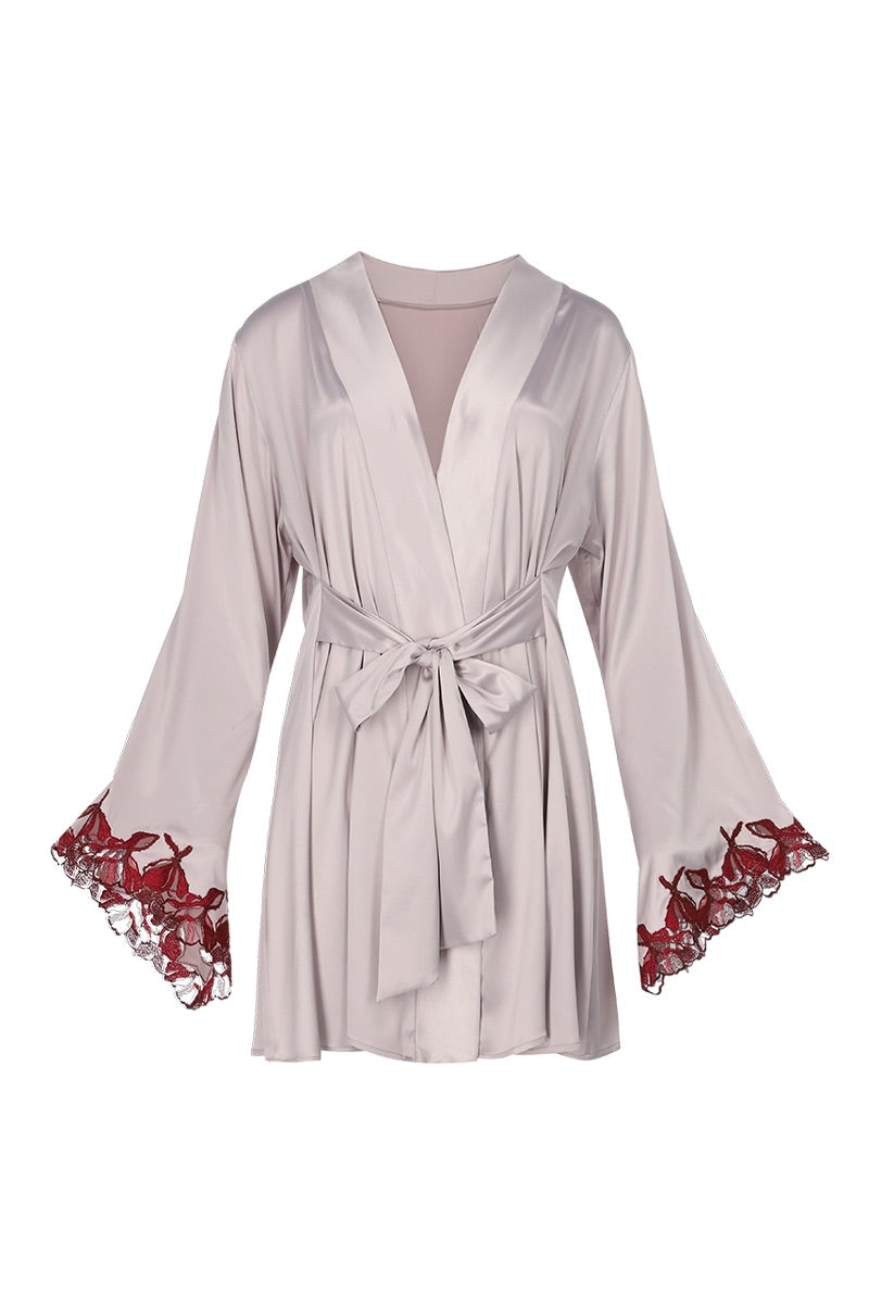 Entos Maicha Rose robe displayed flat, showcasing soft pink fabric and elegant design for comfortable loungewear.
