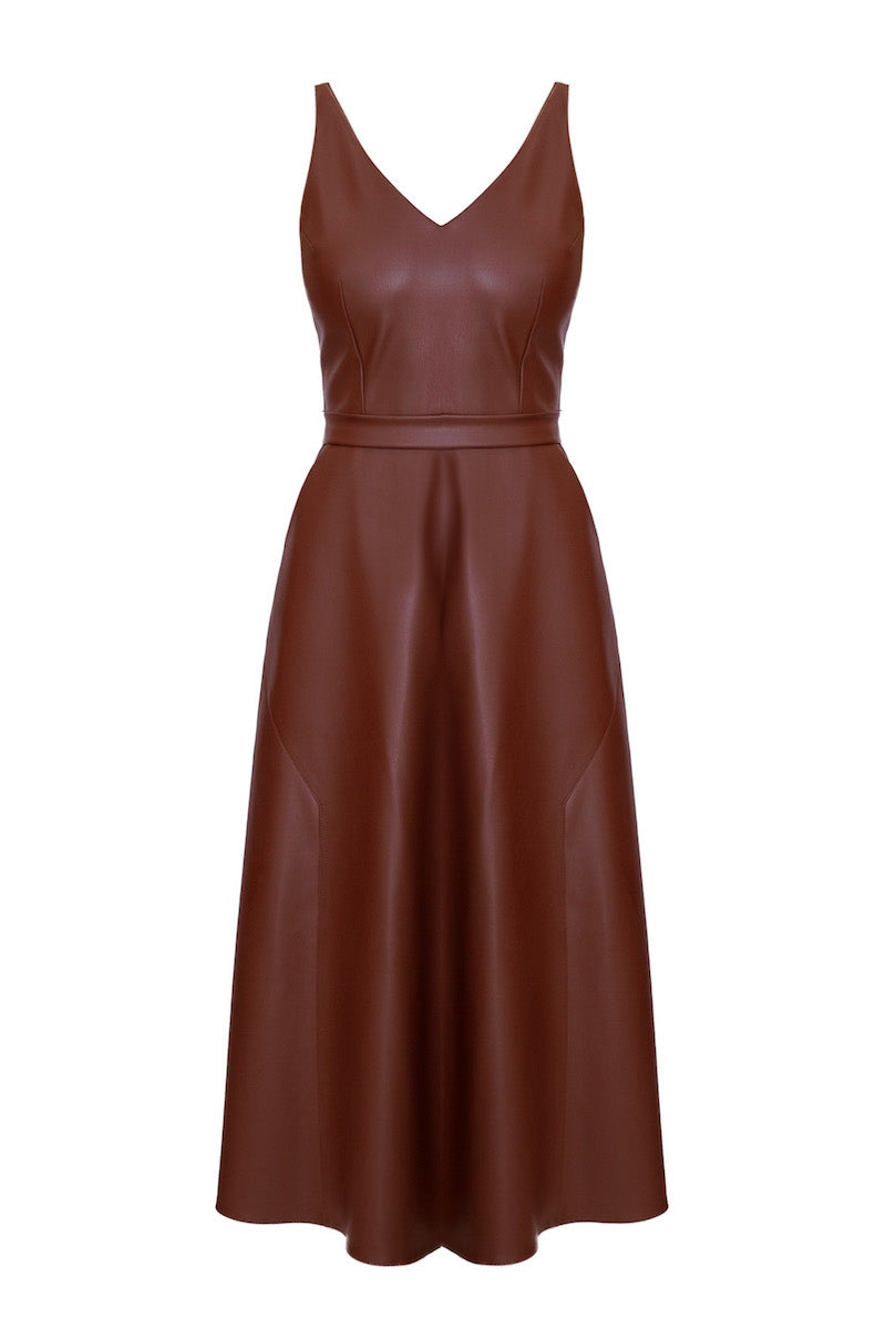 MALOU VEGAN LEATHER MIDI DRESS IN CHOCOLATE