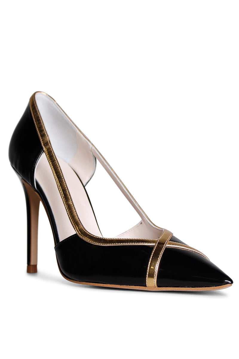 Terry de Havilland Mandi black and gold heels featuring sleek design and stylish straps for elegant footwear.