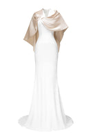 Jenny K Tran Maraidress gown in off-white and beige, flowing elegant dress with a soft, sophisticated silhouette.