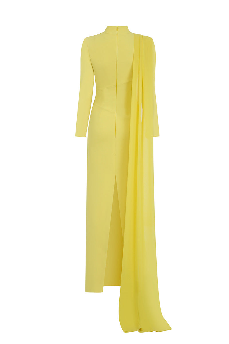 Back view of MOON HAKAN YILDIRIM Maria Lemon Maxi Dress, flowing fabric and vibrant yellow color, perfect for summer occasions.