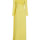 Moon Hakaan Yildirim Maria Dress in Lemon, elegant gown with flowing fabric and vibrant yellow color, front view.