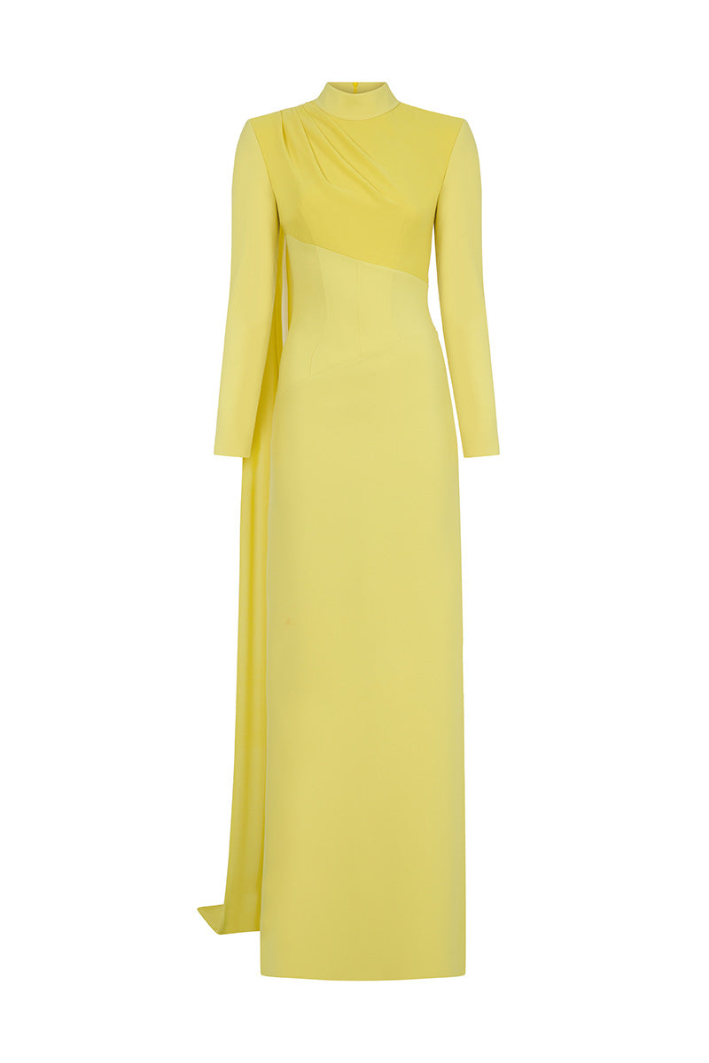 Moon Hakaan Yildirim Maria Dress in Lemon, a stylish maxi dress with vibrant yellow fabric, shown from the front.