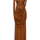 Jenny K Tran Marly gown in burnt orange, flowing dress with elegant design and ruffled details, perfect for formal occasions.