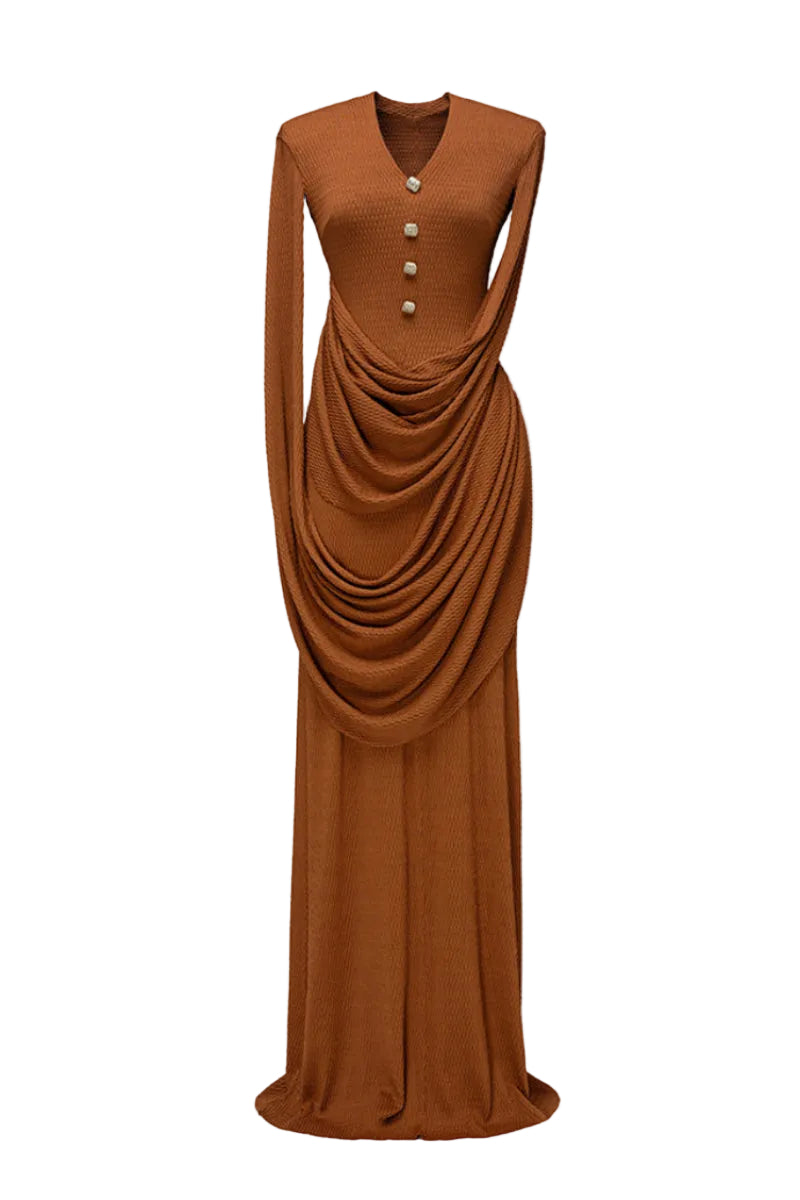 Jenny K Tran Marly gown in burnt orange, flowing dress with elegant design and ruffled details, perfect for formal occasions.