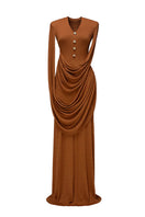 Jenny K Tran Marly gown in burnt orange, flowing dress with elegant design and ruffled details, perfect for formal occasions.