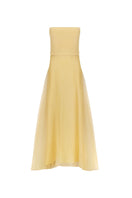 Elegant saffron strapless maxi dress by Mastani with flowing fabric and a fitted bodice, perfect for formal occasions.