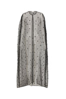 Black maxi floral beaded cape by Mastani, showcasing intricate floral beadwork and flowing fabric design.