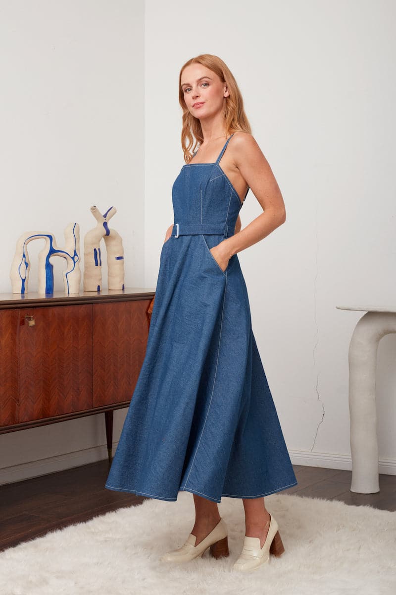MATISSA BLUE DENIM RETRO CIRCLE SKIRT MIDI DRESS - CULT MIA