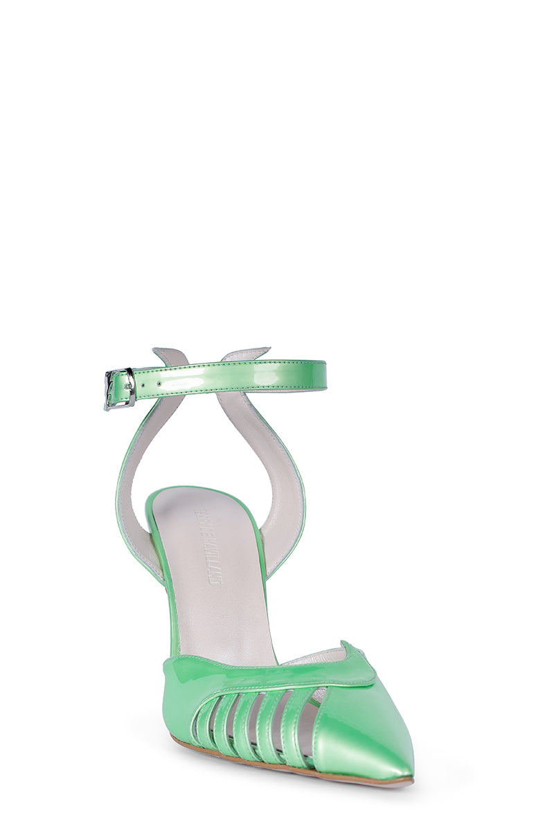 Lime green Terry de Havilland Maya heels with pointed toes and stiletto heels, stylish footwear on display.