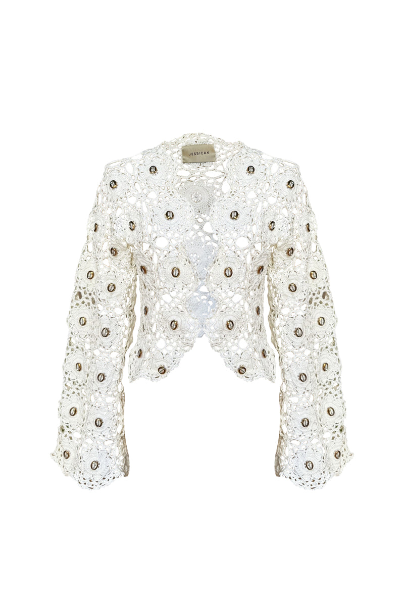 Jessica K Mayra white knit cardigan with crystal embellishments, featuring a cozy fit and elegant detailing.