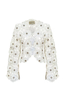 White Jessica K Mayra cardigan with crystal embellishments, featuring a soft knit fabric and stylish design.