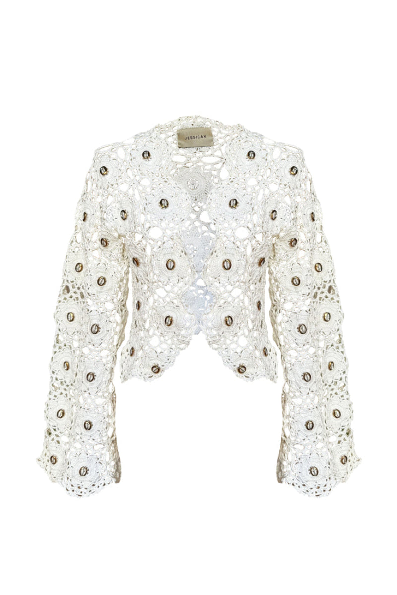White Jessica K Mayra cardigan with crystal embellishments, featuring a soft knit fabric and stylish design.