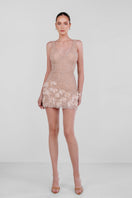 Monika Dimova champagne embroidered feather mini dress with intricate detailing and elegant design, perfect for special occasions.