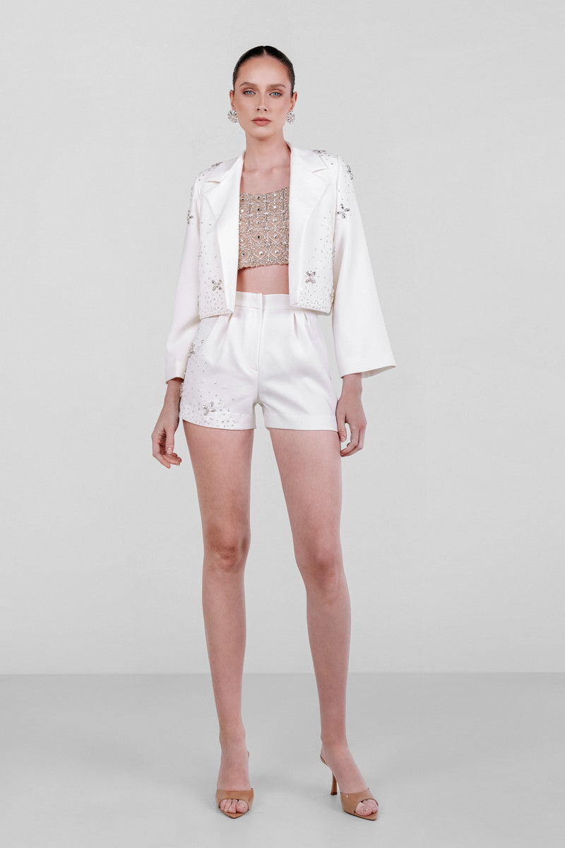 Embellished crepe tailored co-ords set by Monika Dimova featuring intricate detailing and a sleek, modern design.