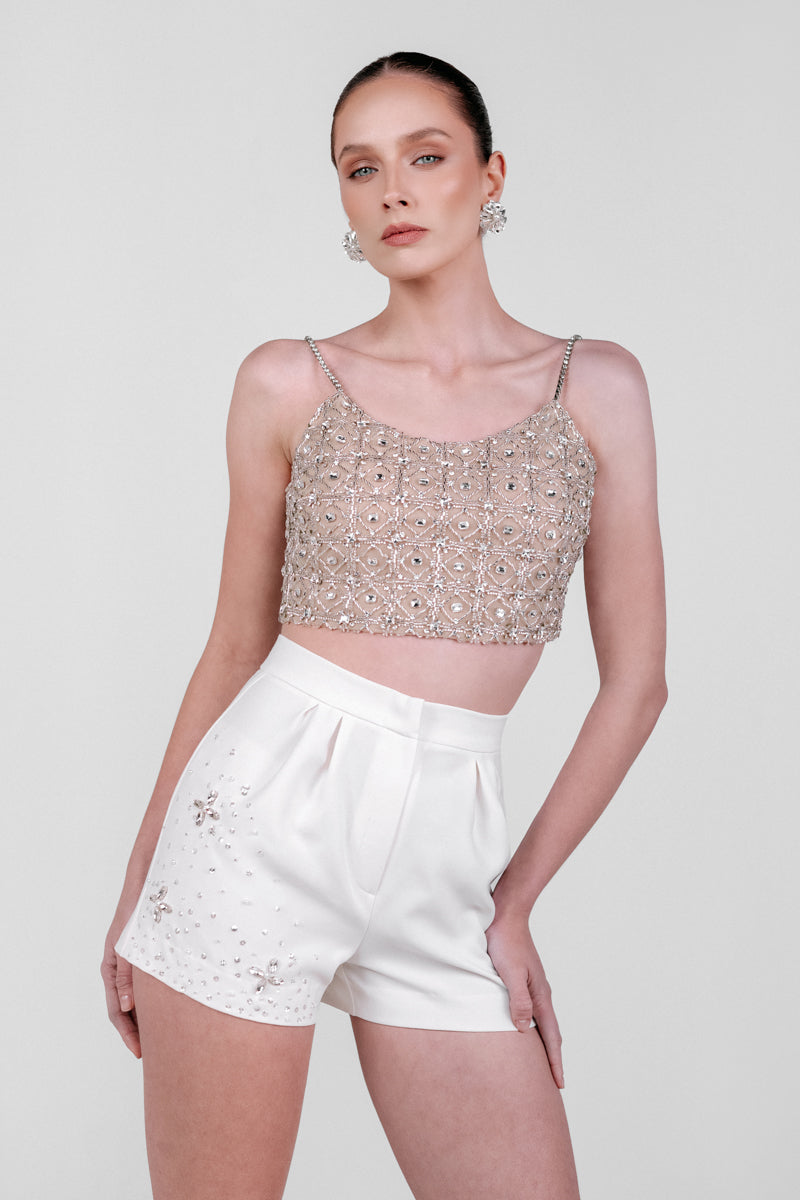 Monika Dimova embellished cropped top featuring intricate beadwork and stylish design, perfect for trendy casual wear.
