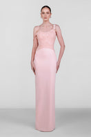 Elegant Monika Dimova embellished French lace crepe gown with intricate detailing and flowing silhouette.