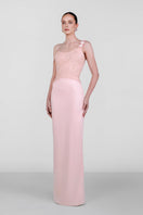 Elegant Monika Dimova embellished French lace crepe gown with intricate detailing and flowing silhouette.