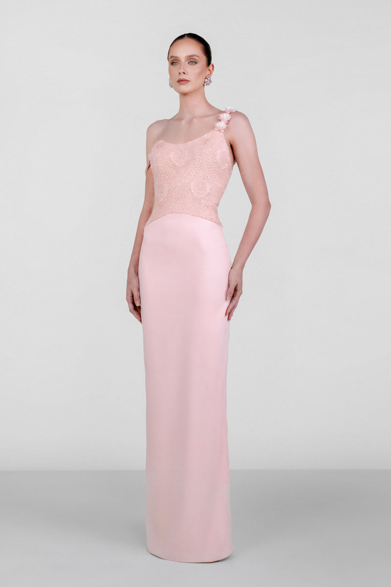 Elegant Monika Dimova embellished French lace crepe gown with intricate detailing and flowing silhouette.