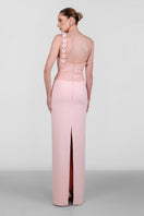 Elegant Monika Dimova embellished French lace crepe gown with intricate detailing and flowing silhouette.