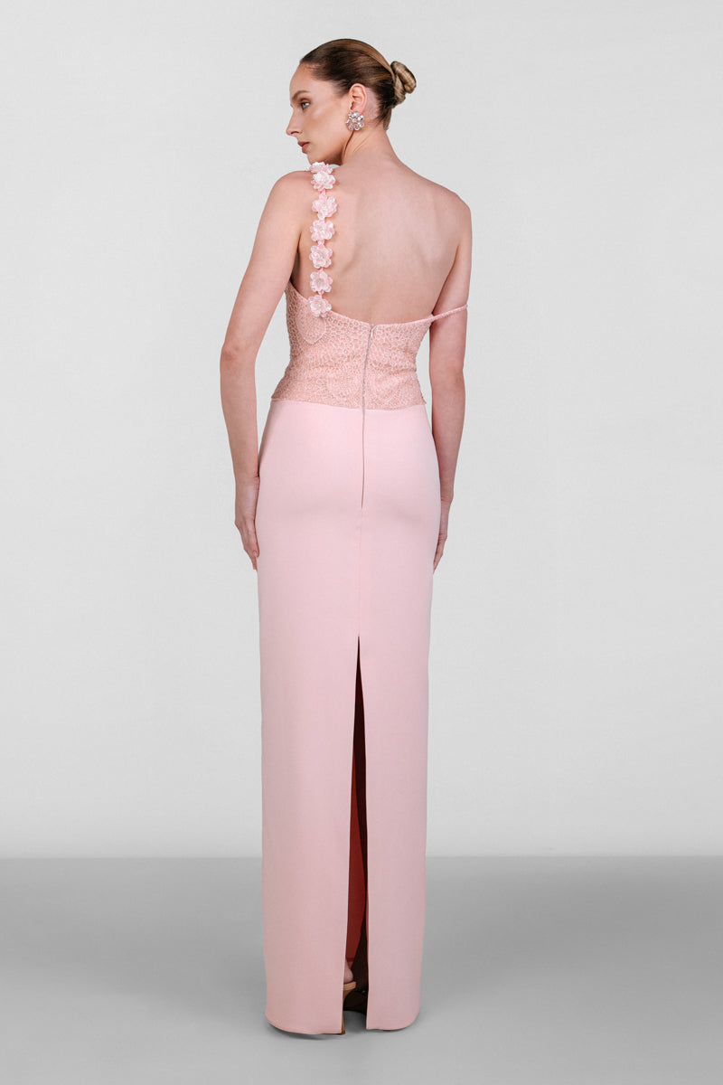 Elegant Monika Dimova embellished French lace crepe gown with intricate detailing and flowing silhouette.