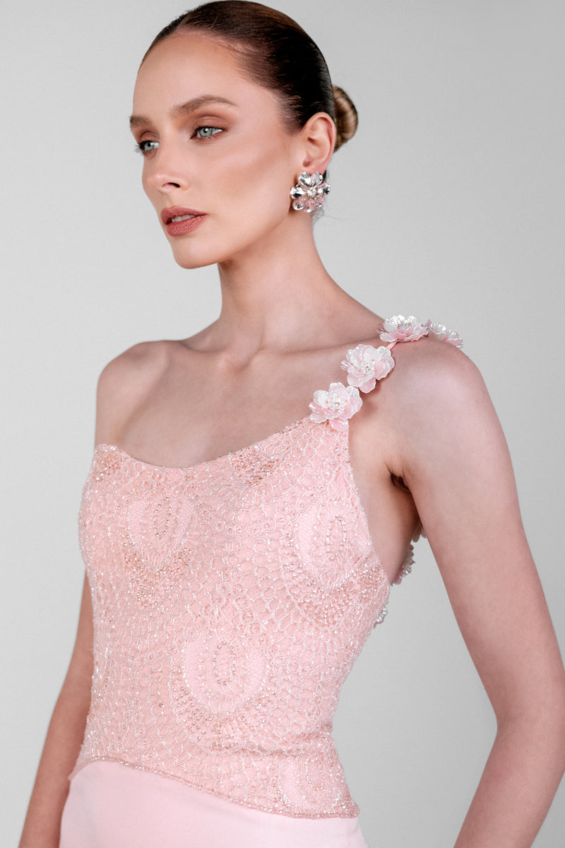 Elegant Monika Dimova embellished French lace crepe gown with intricate detailing and flowing silhouette.