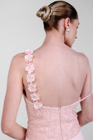 Elegant Monika Dimova embellished French lace crepe gown with intricate detailing and flowing silhouette.