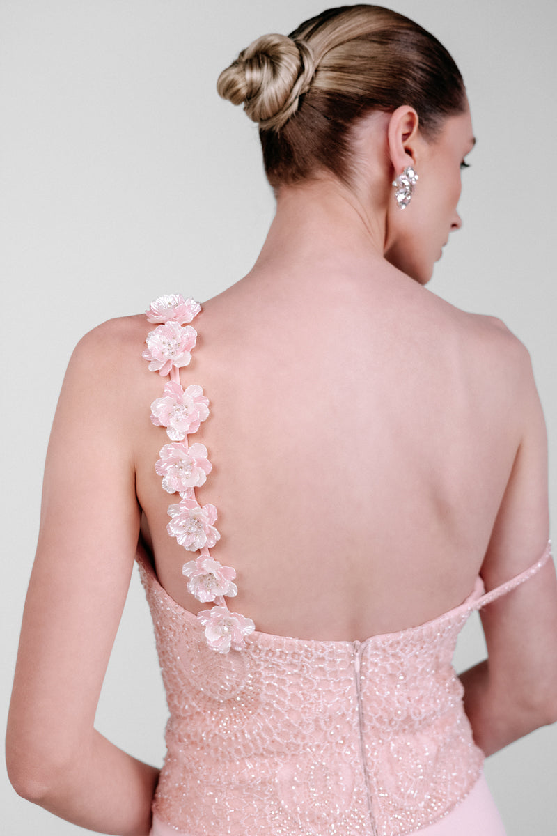 Elegant Monika Dimova embellished French lace crepe gown with intricate detailing and flowing silhouette.